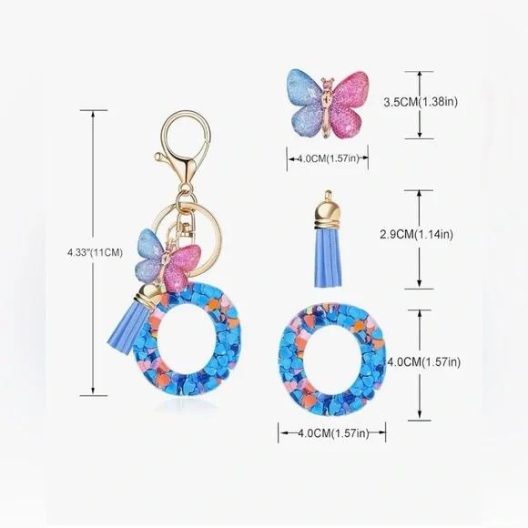 Fashion Alphabet Initial Letter Keychain Tassel Butterfly Pendant “O”Purse Decor - Picture 2 of 4